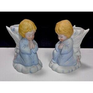 Vintage Set Of 2 Praying Angel Boy Girl Heaven Tapered Candle Holders Ceramic